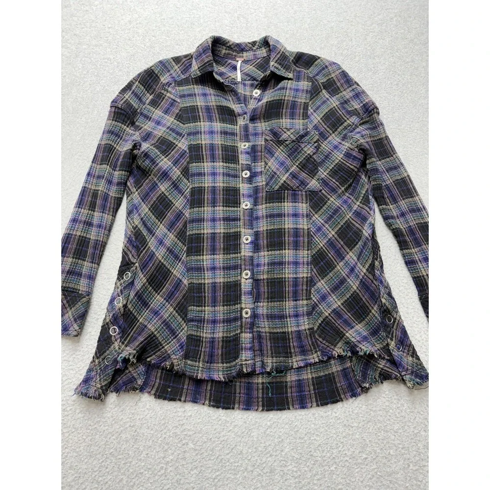 Free People Shirt Womens XS Purple Plaid Button Front Frayed Hem Tunic‎ Top